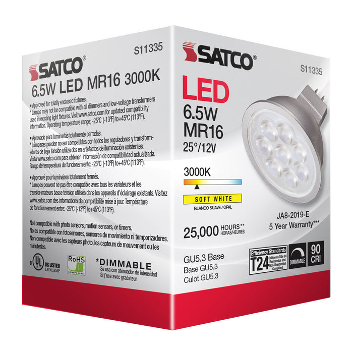 SATCO/NUVO 6.5W MR16 LED 3000K GU5.3 Base 25 Degree Beam Spread 12V (S11335)