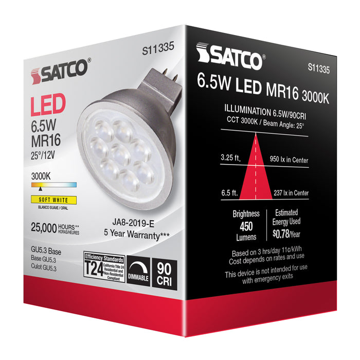 SATCO/NUVO 6.5W MR16 LED 3000K GU5.3 Base 25 Degree Beam Spread 12V (S11335)