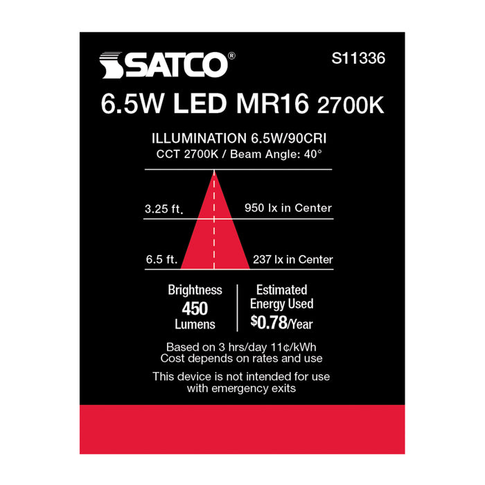SATCO/NUVO 6.5W MR16 LED 2700K GU5.3 Base 40 Degree Beam Spread 12V (S11336)