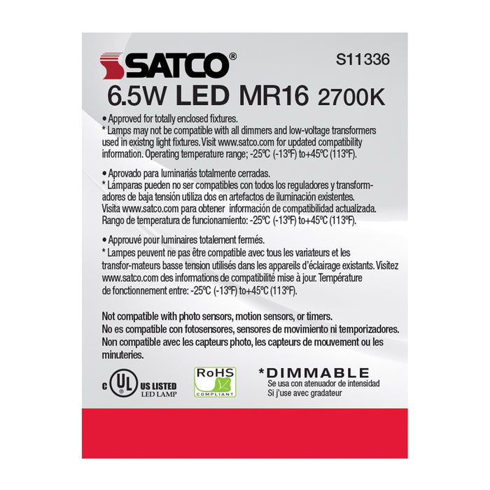 SATCO/NUVO 6.5W MR16 LED 2700K GU5.3 Base 40 Degree Beam Spread 12V (S11336)