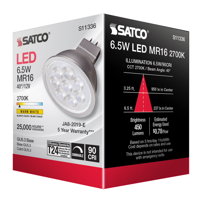 SATCO/NUVO 6.5W MR16 LED 2700K GU5.3 Base 40 Degree Beam Spread 12V (S11336)