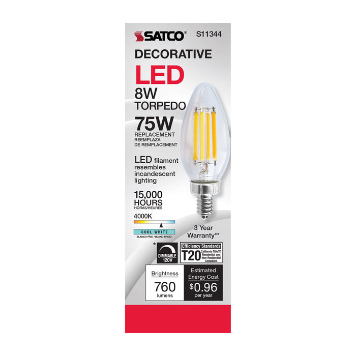 SATCO/NUVO 8W C11 LED Clear Finish Candelabra Base 4000K 90 CRI 800Lm 120V (S11344)