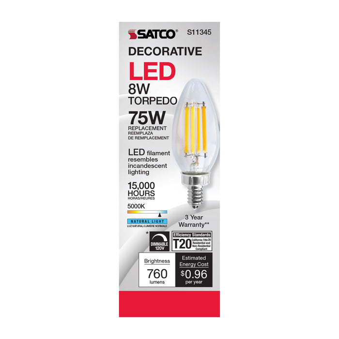 SATCO/NUVO 8W C11 LED Clear Finish Candelabra Base 5000K 90 CRI 800Lm 120V (S11345)