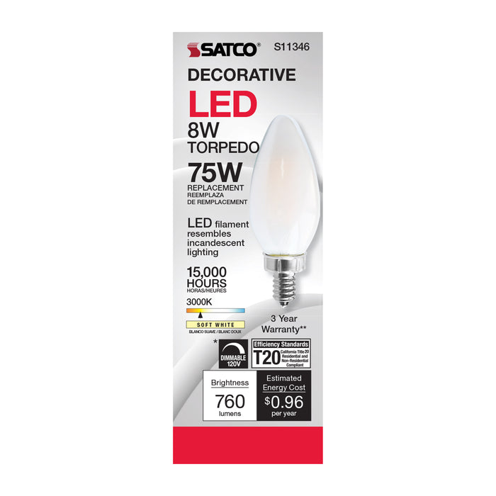 SATCO/NUVO 8W C11 LED Frosted Finish Candelabra Base 3000K 90 CRI 800Lm 120V (S11346)