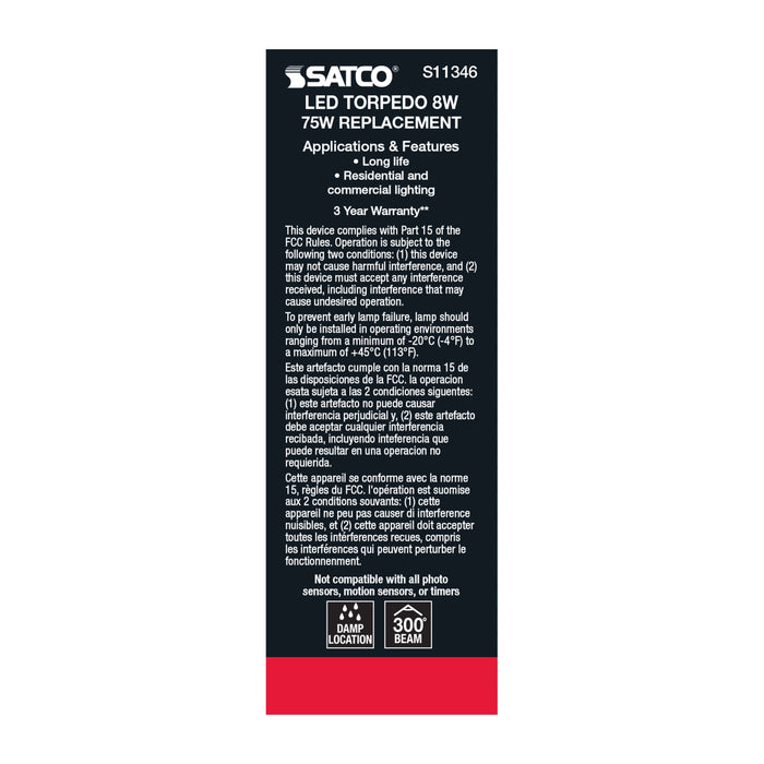 SATCO/NUVO 8W C11 LED Frosted Finish Candelabra Base 3000K 90 CRI 800Lm 120V (S11346)