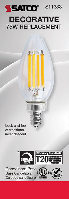 SATCO/NUVO 8W C11 LED Clear Candelabra Base 2700K 90 CRI 760Lm 120V (S11383)