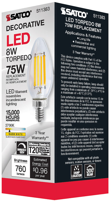 SATCO/NUVO 8W C11 LED Clear Candelabra Base 2700K 90 CRI 760Lm 120V (S11383)