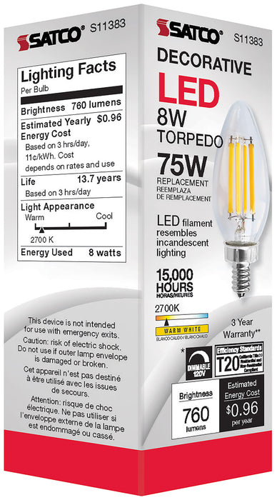 SATCO/NUVO 8W C11 LED Clear Candelabra Base 2700K 90 CRI 760Lm 120V (S11383)