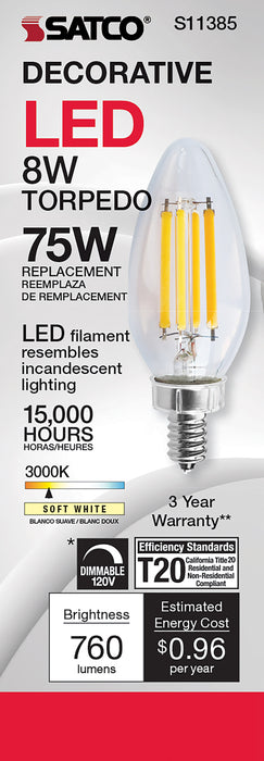 SATCO/NUVO 8W C11 LED Clear Candelabra Base 3000K 90 CRI 760Lm 120V (S11385)