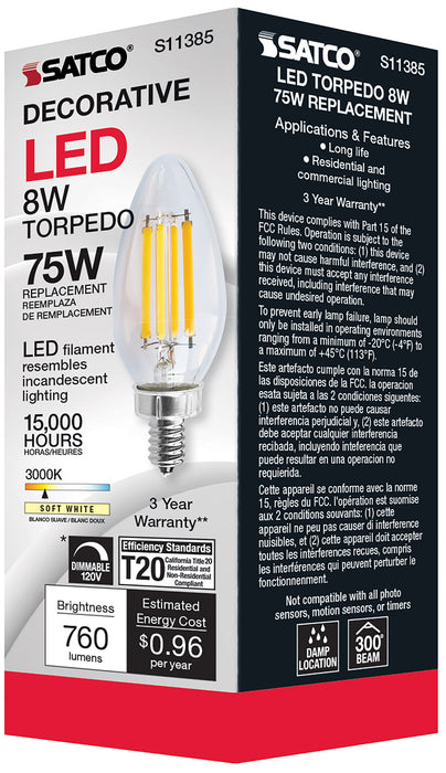 SATCO/NUVO 8W C11 LED Clear Candelabra Base 3000K 90 CRI 760Lm 120V (S11385)