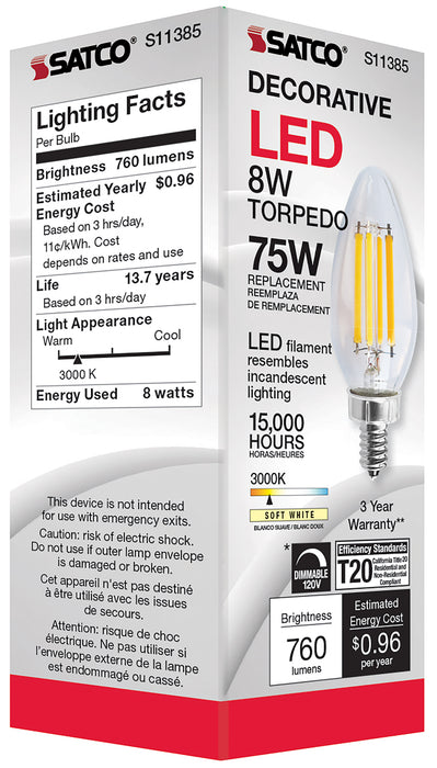SATCO/NUVO 8W C11 LED Clear Candelabra Base 3000K 90 CRI 760Lm 120V (S11385)