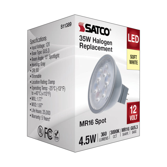 SATCO/NUVO 4.5W MR16 LED Silver Finish 3000K GU5.3 Base 360Lm 12V (S11389)