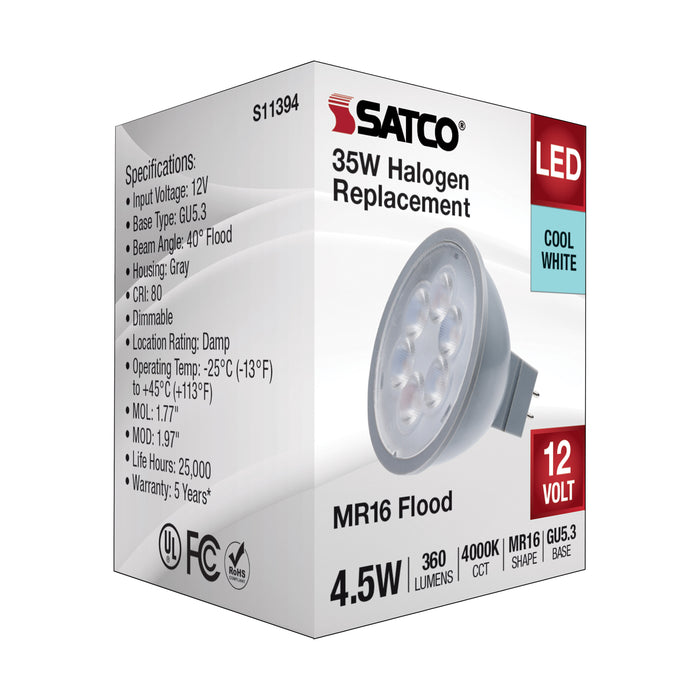 SATCO/NUVO 4.5W MR16 LED Silver Finish 4000K GU5.3 Base 360Lm 12V (S11394)