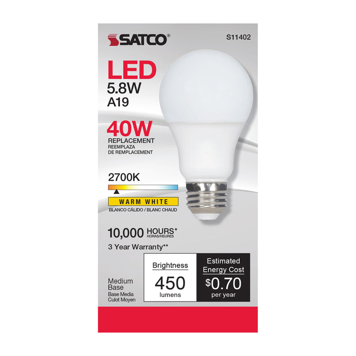 SATCO/NUVO 5.8W A19 LED 2700K Medium Base 220 Degree Beam Spread120V (S11402)