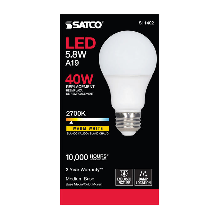 SATCO/NUVO 5.8W A19 LED 2700K Medium Base 220 Degree Beam Spread120V (S11402)