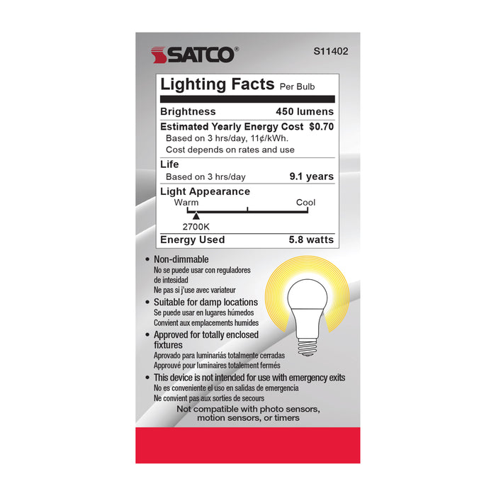 SATCO/NUVO 5.8W A19 LED 2700K Medium Base 220 Degree Beam Spread120V (S11402)