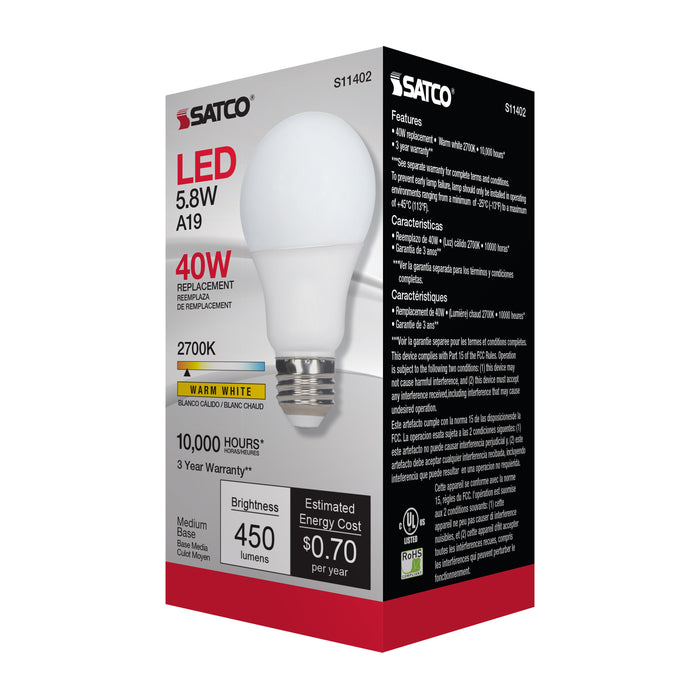 SATCO/NUVO 5.8W A19 LED 2700K Medium Base 220 Degree Beam Spread120V (S11402)
