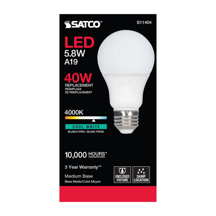 SATCO/NUVO 5.8W A19 LED 4000K Medium Base 220 Degree Beam Spread120V (S11404)