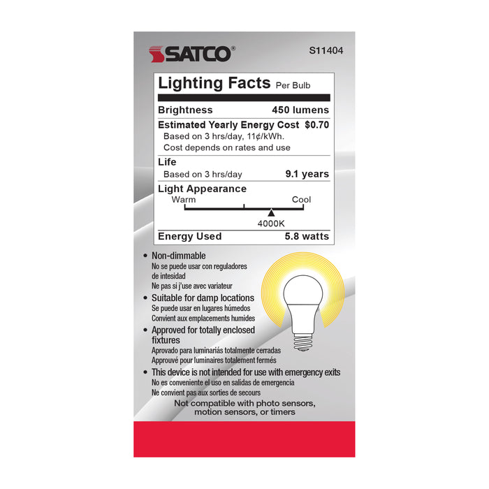 SATCO/NUVO 5.8W A19 LED 4000K Medium Base 220 Degree Beam Spread120V (S11404)