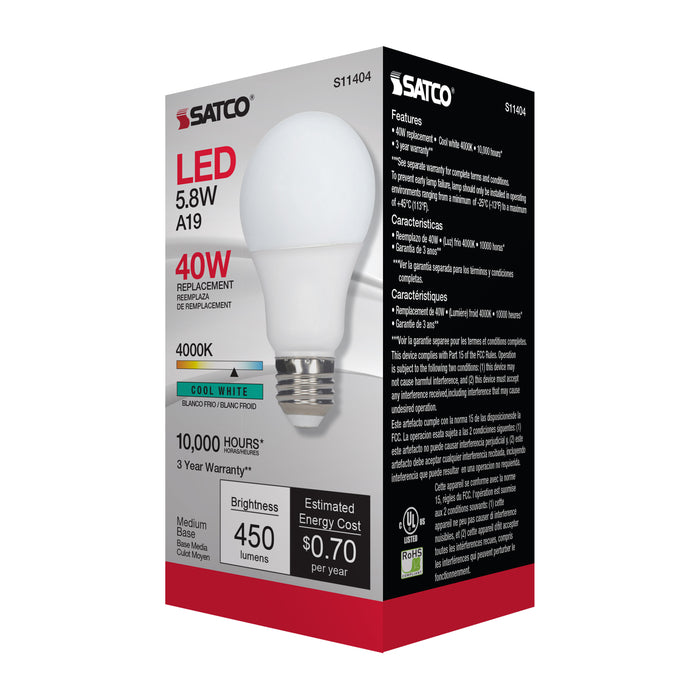 SATCO/NUVO 5.8W A19 LED 4000K Medium Base 220 Degree Beam Spread120V (S11404)