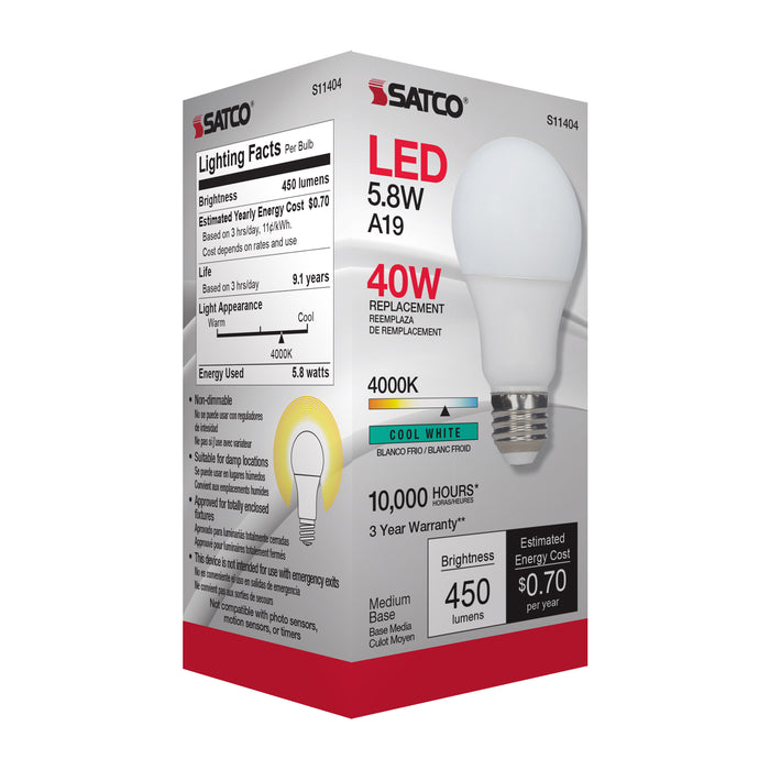 SATCO/NUVO 5.8W A19 LED 4000K Medium Base 220 Degree Beam Spread120V (S11404)