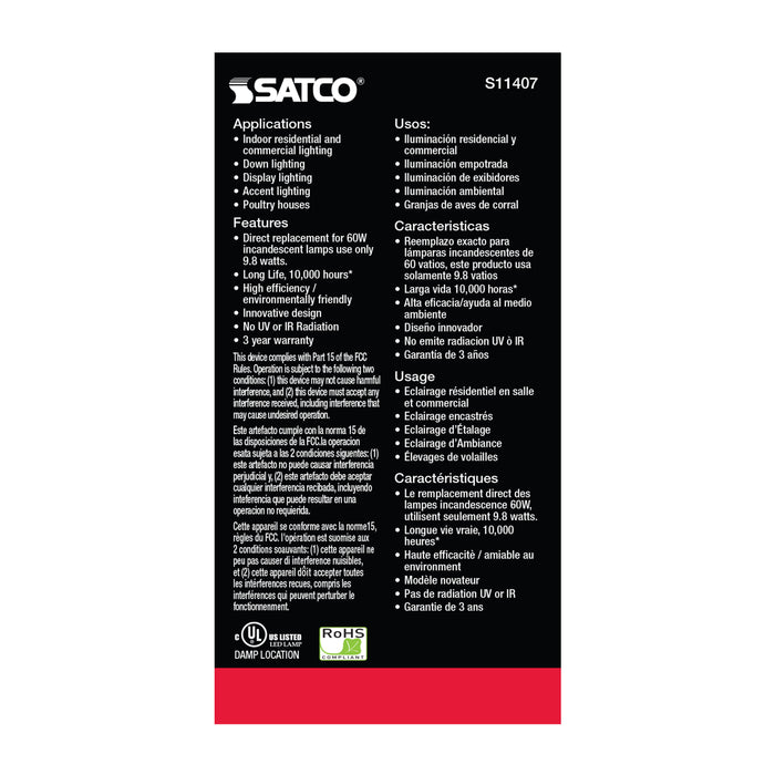 SATCO/NUVO 9.8W A19 LED 3000K Medium Base 220 Degree Beam Spread120V (S11407)