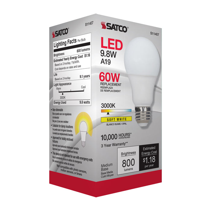 SATCO/NUVO 9.8W A19 LED 3000K Medium Base 220 Degree Beam Spread120V (S11407)