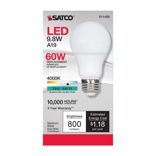 SATCO/NUVO 9.8W A19 LED 4000K Medium Base 220 Degree Beam Spread120V (S11408)