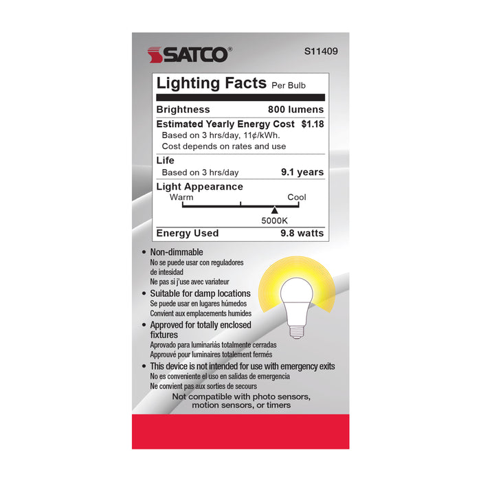 SATCO/NUVO 9.8W A19 LED 5000K Medium Base 220 Degree Beam Spread120V (S11409)