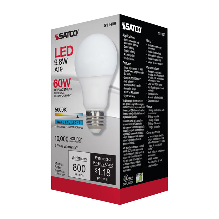 SATCO/NUVO 9.8W A19 LED 5000K Medium Base 220 Degree Beam Spread120V (S11409)