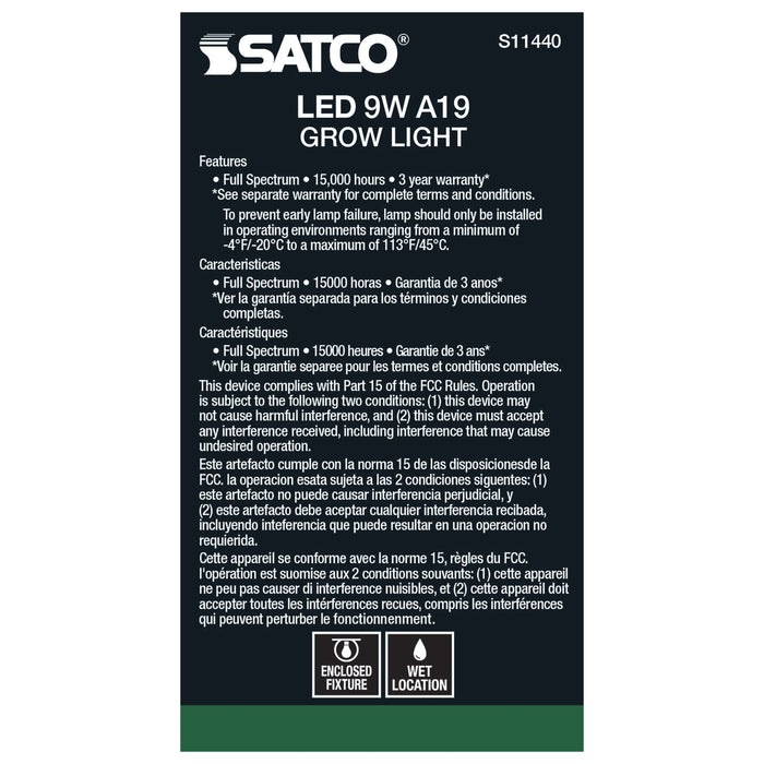 SATCO/NUVO 9W A19 LED Full Spectrum Plant Grow Lamp Medium Base 120V (S11440)