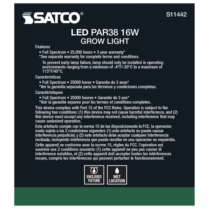 SATCO/NUVO 16W PAR38 LED Full Spectrum Plant Grow Lamp Medium Base 120V (S11442)