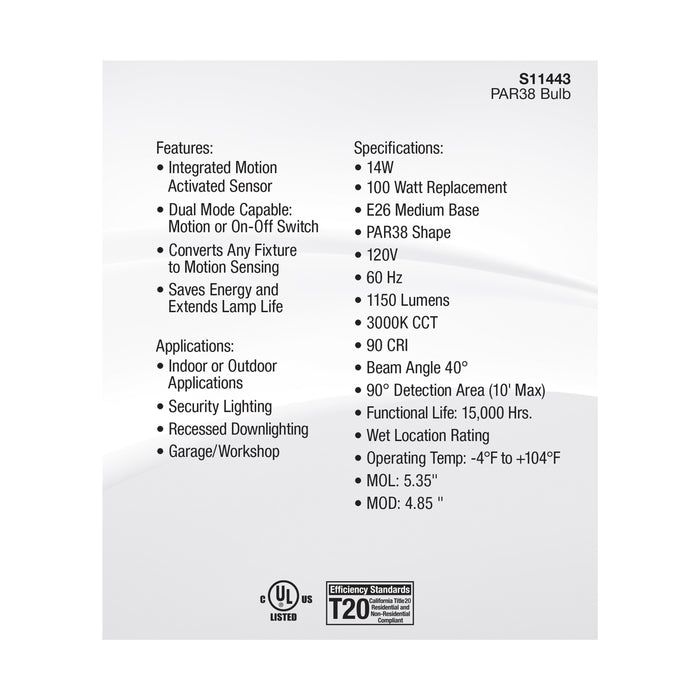 SATCO/NUVO 14W PAR38 LED White 3000K 1100Lm 120V PIR Sensor Non-Dimmable (S11443)