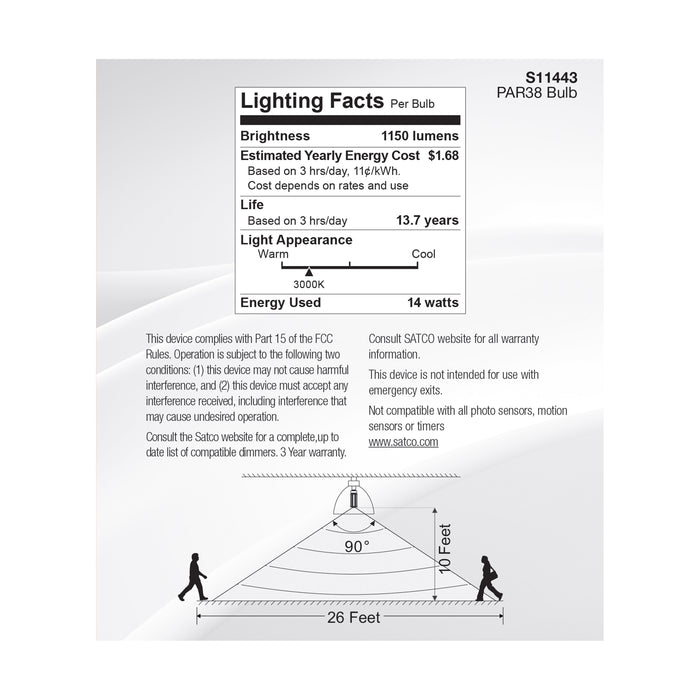 SATCO/NUVO 14W PAR38 LED White 3000K 1100Lm 120V PIR Sensor Non-Dimmable (S11443)