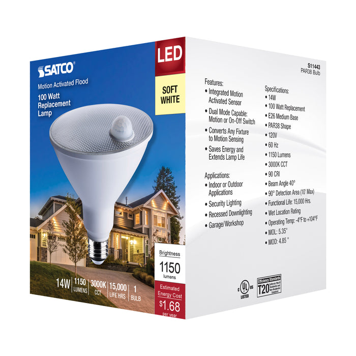 SATCO/NUVO 14W PAR38 LED White 3000K 1100Lm 120V PIR Sensor Non-Dimmable (S11443)