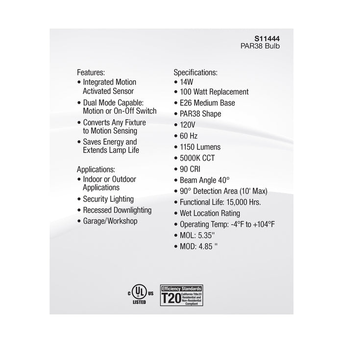 SATCO/NUVO 14W PAR38 LED White 5000K 1100Lm 120V PIR Sensor Non-Dimmable (S11444)