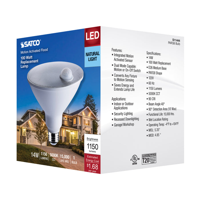SATCO/NUVO 14W PAR38 LED White 5000K 1100Lm 120V PIR Sensor Non-Dimmable (S11444)