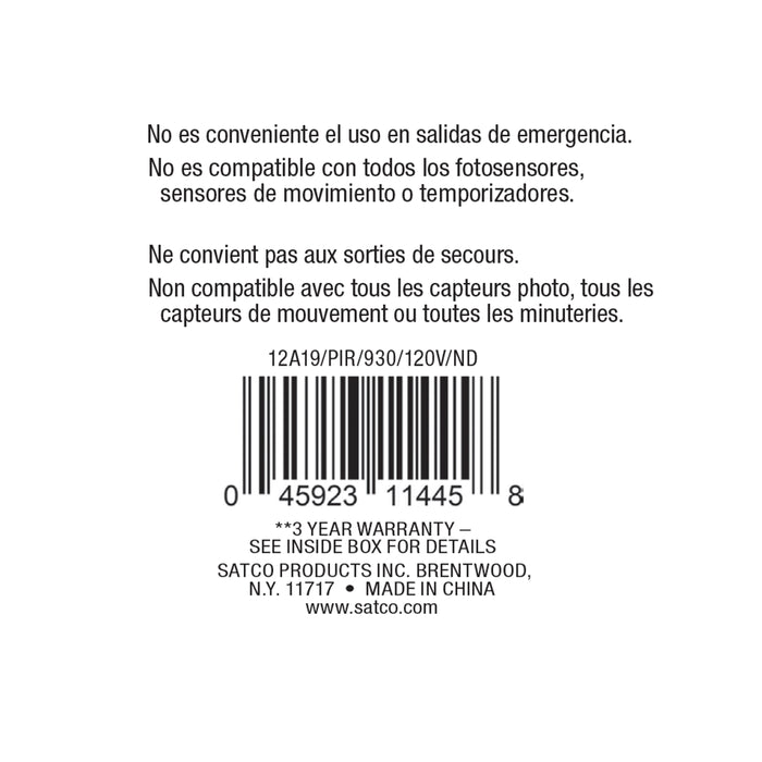 SATCO/NUVO 12W A19 LED White 3000K 1050Lm 120V PIR Sensor Non-Dimmable (S11445)
