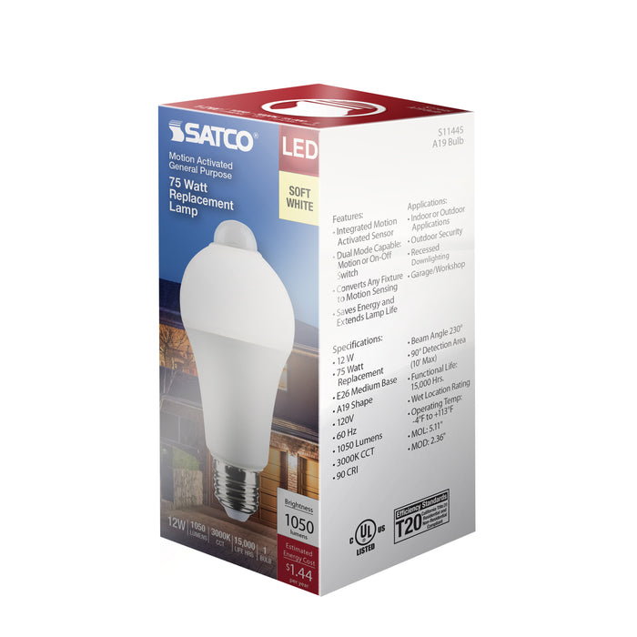 SATCO/NUVO 12W A19 LED White 3000K 1050Lm 120V PIR Sensor Non-Dimmable (S11445)