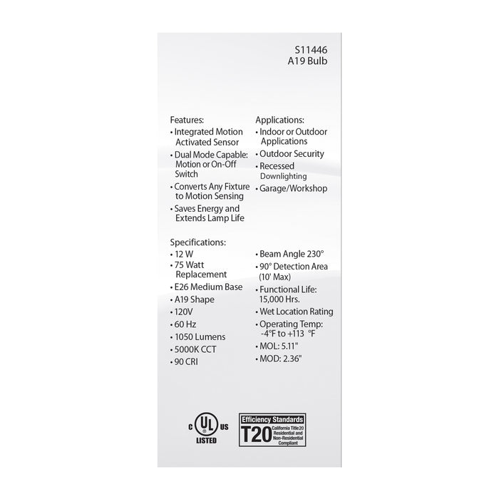 SATCO/NUVO 12W A19 LED White 5000K 1050Lm 120V PIR Sensor Non-Dimmable (S11446)