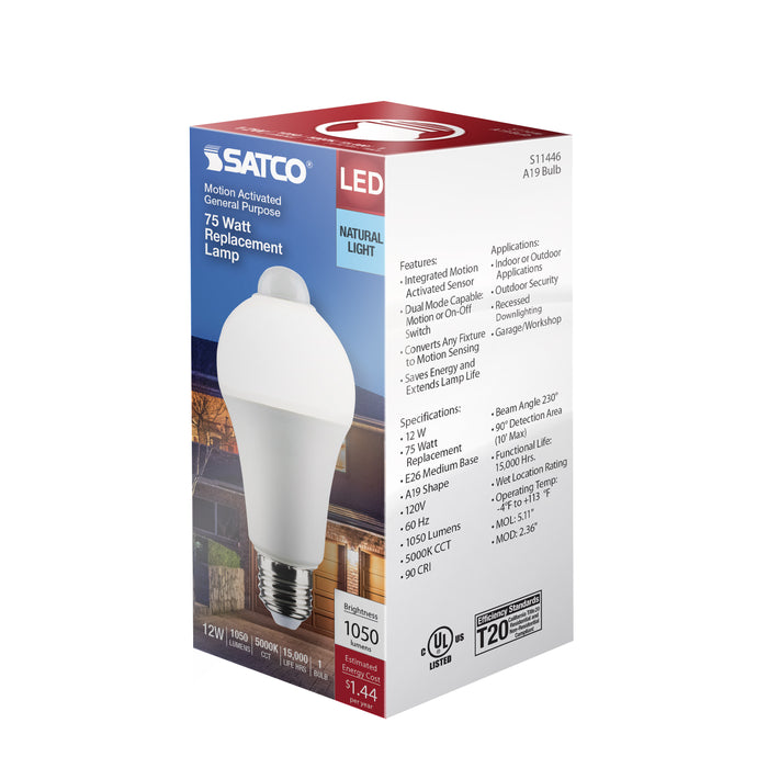 SATCO/NUVO 12W A19 LED White 5000K 1050Lm 120V PIR Sensor Non-Dimmable (S11446)