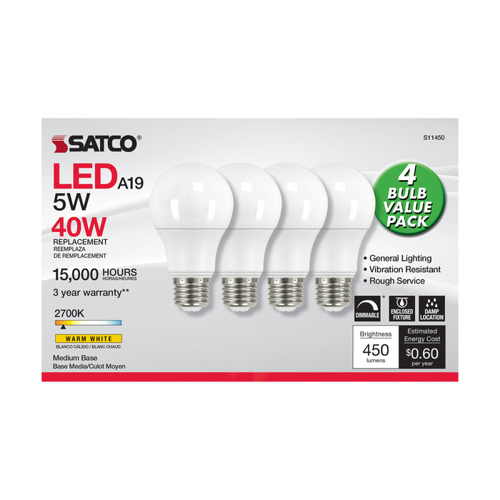 SATCO/NUVO 5W A19 LED 2700K Dimmable Medium Base 230 Degree Beam Angle 4-Pack (S11450)