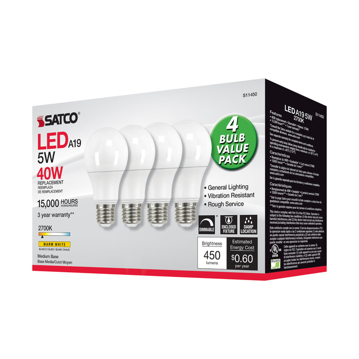 SATCO/NUVO 5W A19 LED 2700K Dimmable Medium Base 230 Degree Beam Angle 4-Pack (S11450)