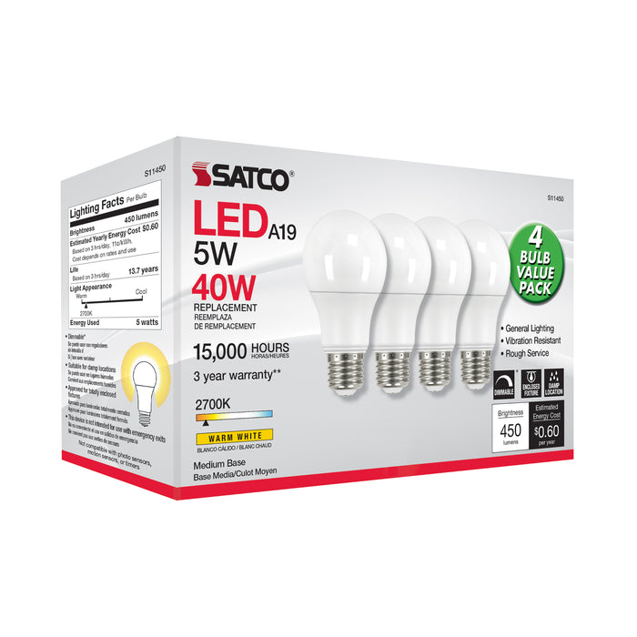 SATCO/NUVO 5W A19 LED 2700K Dimmable Medium Base 230 Degree Beam Angle 4-Pack (S11450)
