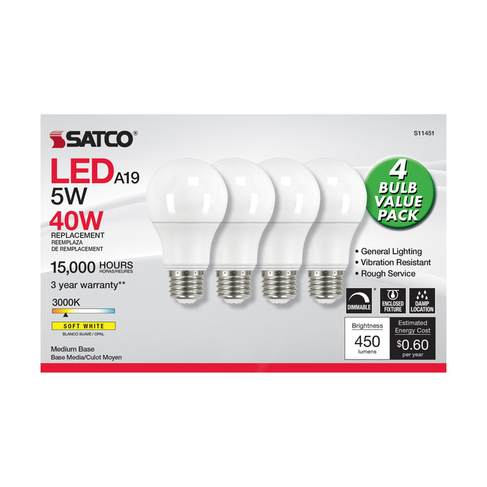 SATCO/NUVO 5W A19 LED 3000K Dimmable Medium Base 230 Degree Beam Angle 4-Pack (S11451)