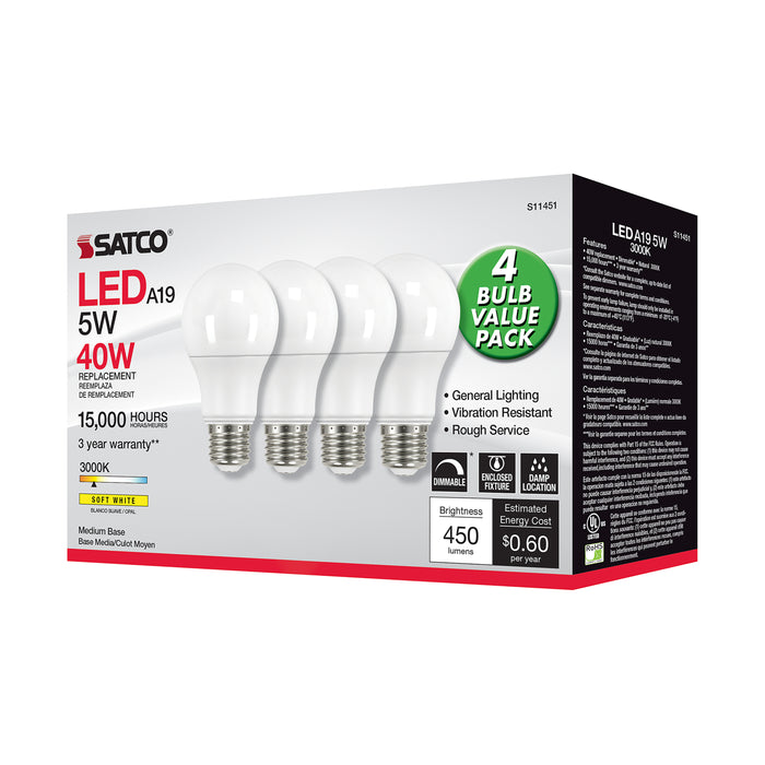 SATCO/NUVO 5W A19 LED 3000K Dimmable Medium Base 230 Degree Beam Angle 4-Pack (S11451)