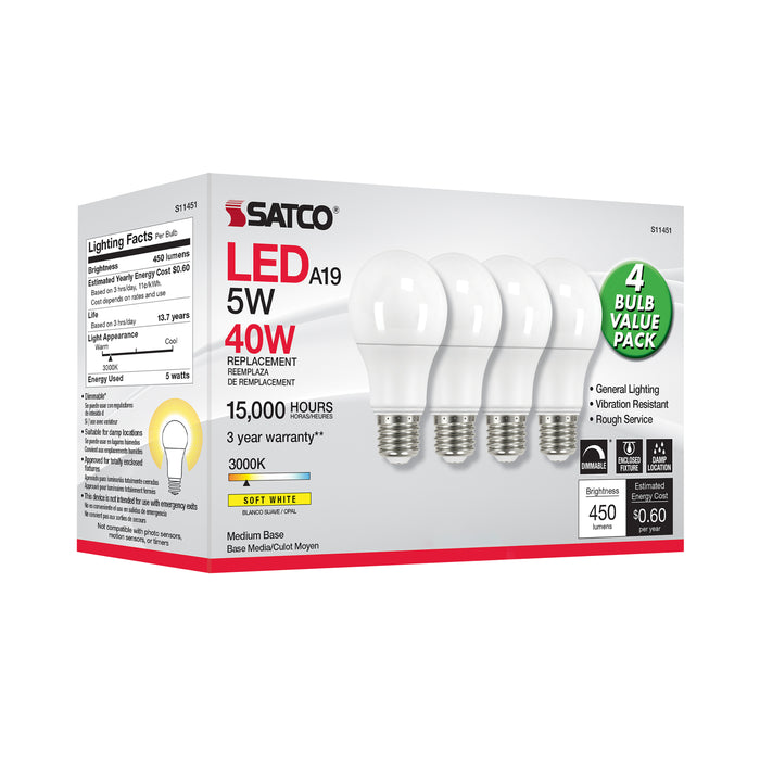 SATCO/NUVO 5W A19 LED 3000K Dimmable Medium Base 230 Degree Beam Angle 4-Pack (S11451)