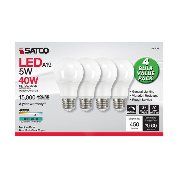 SATCO/NUVO 5W A19 LED 4000K Dimmable Medium Base 230 Degree Beam Angle 4-Pack (S11452)