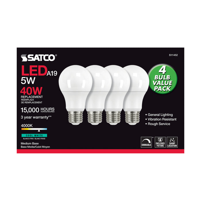 SATCO/NUVO 5W A19 LED 4000K Dimmable Medium Base 230 Degree Beam Angle 4-Pack (S11452)