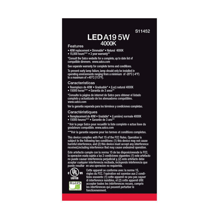 SATCO/NUVO 5W A19 LED 4000K Dimmable Medium Base 230 Degree Beam Angle 4-Pack (S11452)